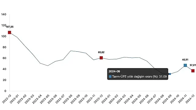 Tüik: Tarım ürünleri üretici fiyat endeksi (Tarım-ÜFE) yıllık %37,01 arttı, aylık %0,39 azaldı