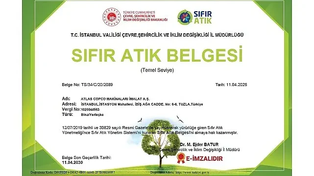 Atlas Copco Türkiye, Sürdürülebilirlik Vizyonunu Sıfır Atık Belgesi ile Güçlendirdi